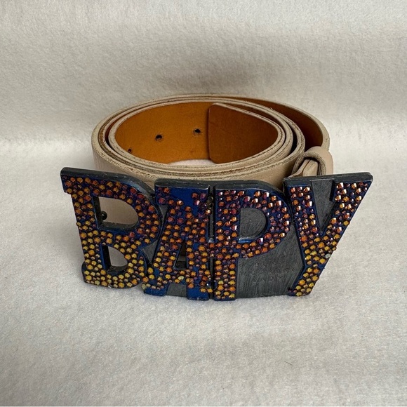 Bape Accessories - BAPY BELT sz S Bape Japan White Leather DIY Blue Swarovski Crystals